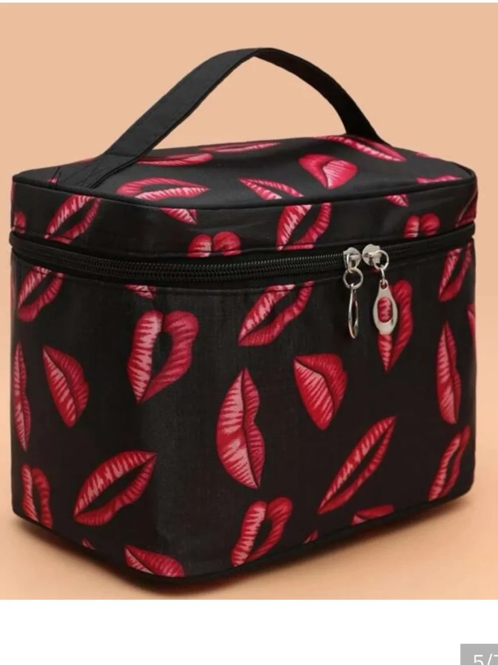 Black Cosmetic Train Case with Pink Lip Print - Women Bags
